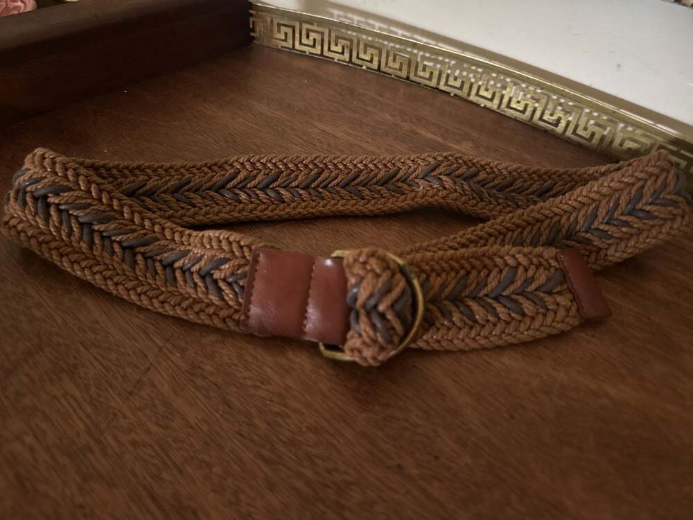 Women's Brown Braided Woven Belt with D-Ring Buckle